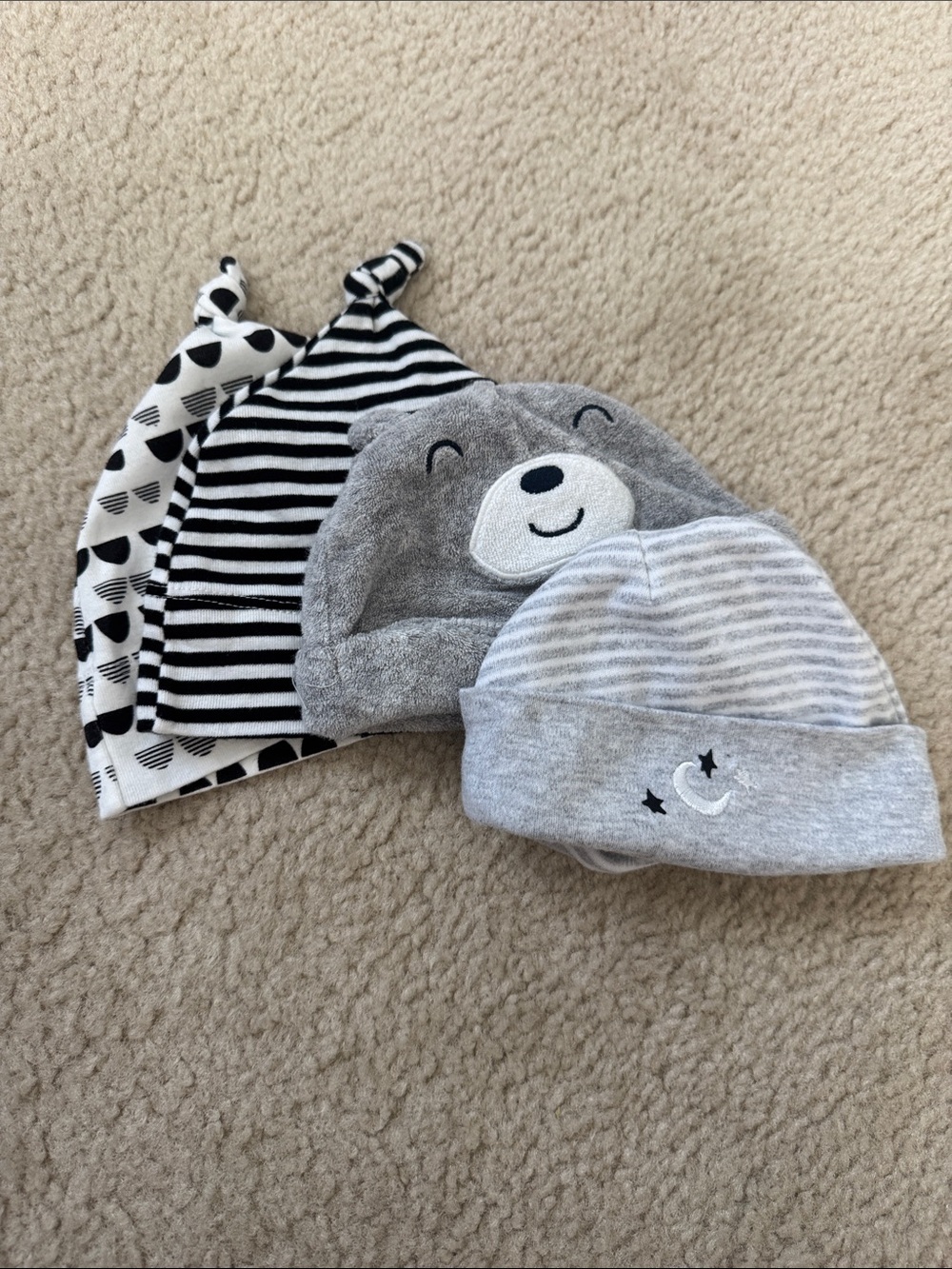Carter's Grey Bear Knit Hat Set with Black & White Patterned Caps - newborn